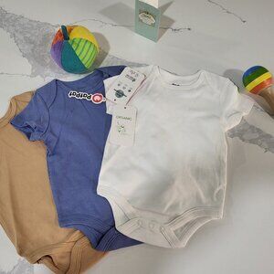 3-Pack Organic Cotton Baby Onesies 0–3M – Pink, White & Blue, New